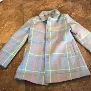 kids gap grey coat with neon green and pink lines
